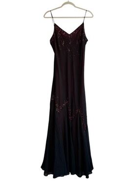 Vintage Simon Chang Red & Black Mesh Overlay Beaded Long Formal Dress Size 10